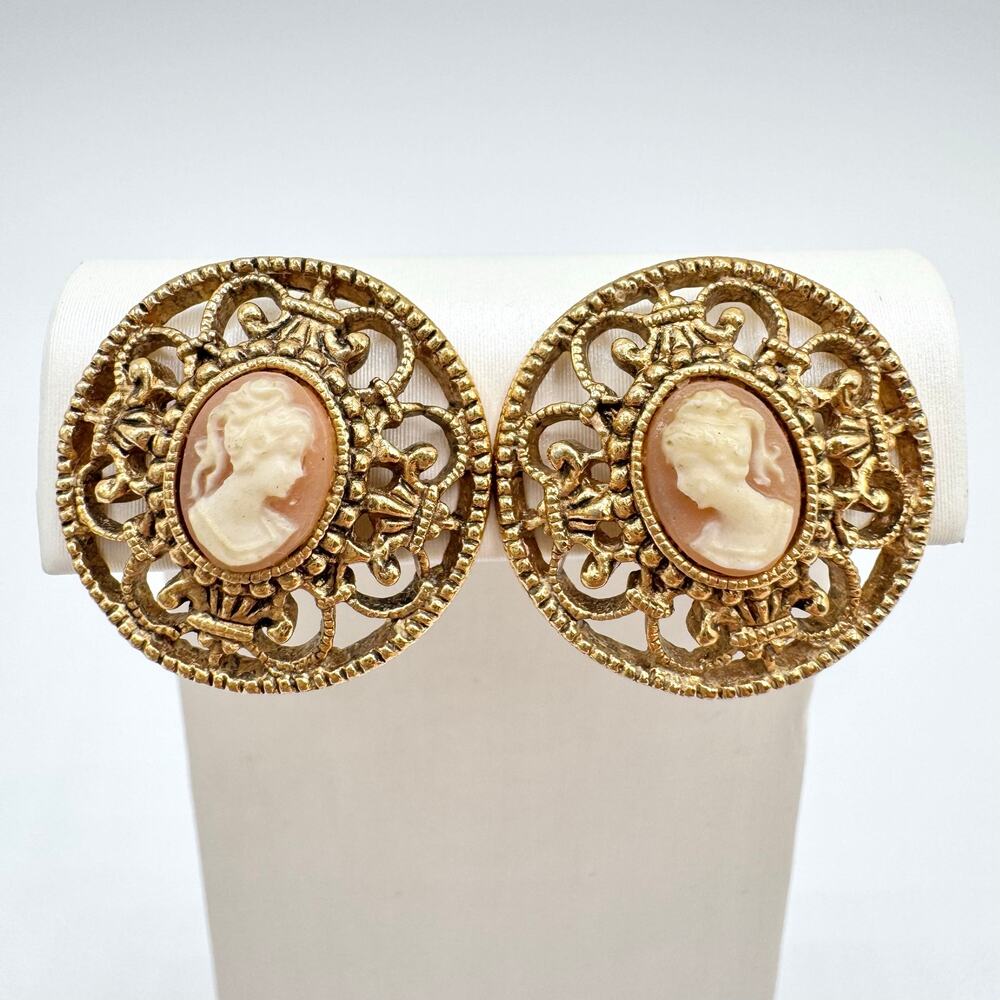 Vintage 1928 Filigree Cameo Stud Earrings Romantic Gold Tone Victorian Revival